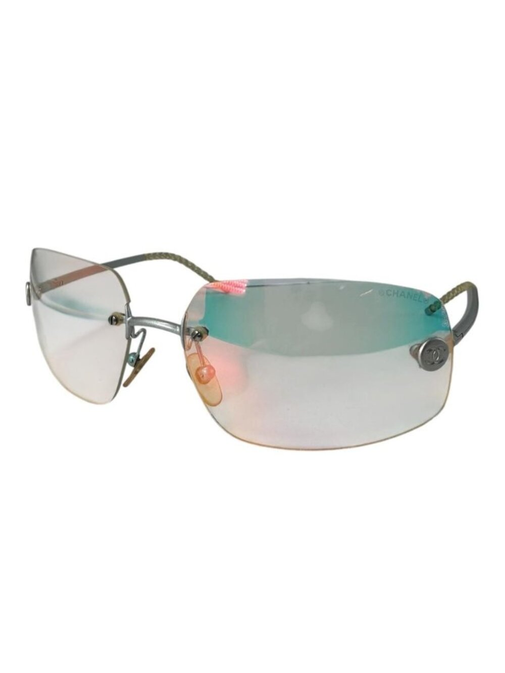 Chanel Sunglasses CC Logo Rimless Oval Metal Acetate Silver Eyewear